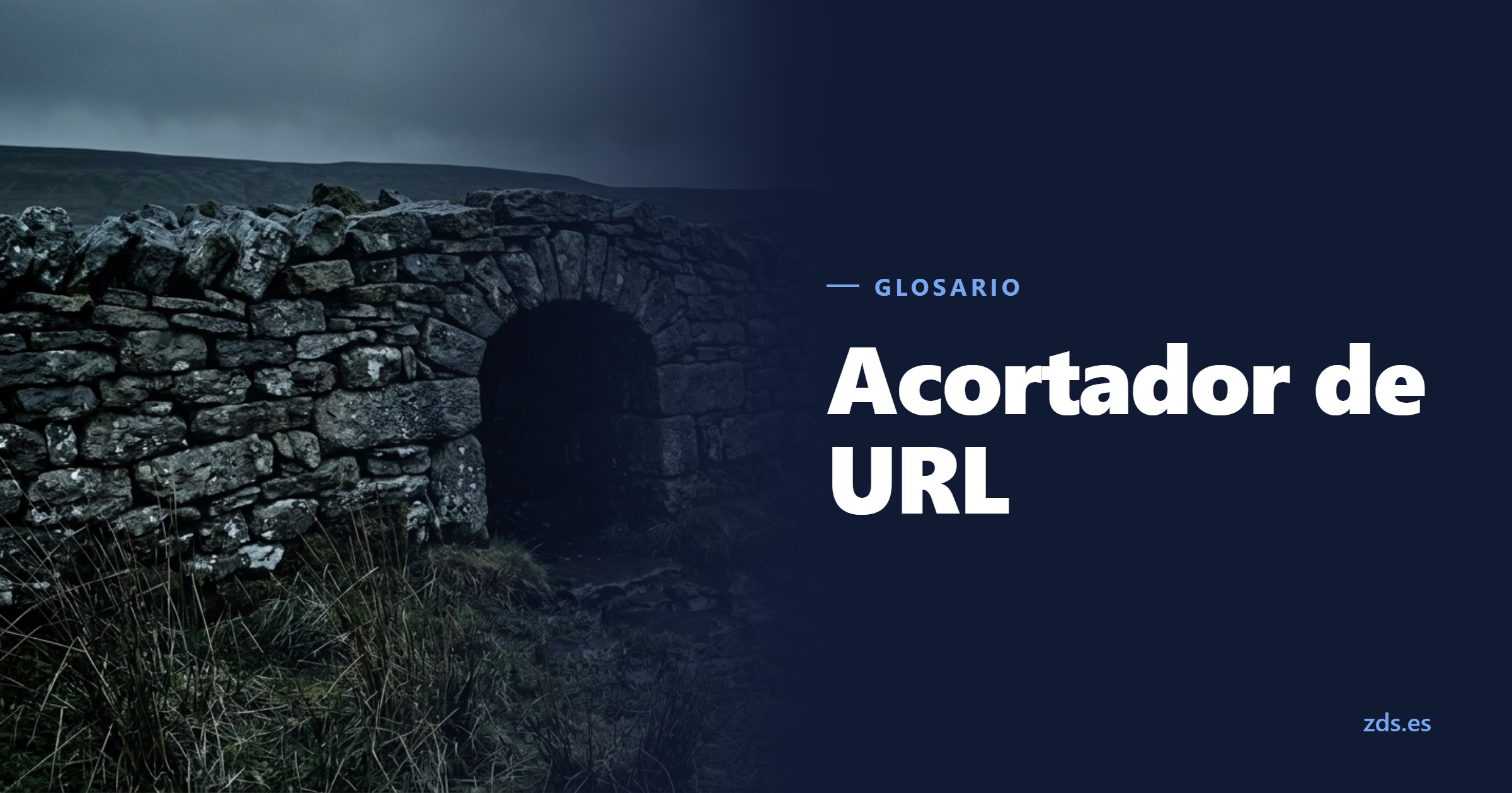 Un paso bajo abierto en un largo muro de piedra seca, junto al título Acortador de URL