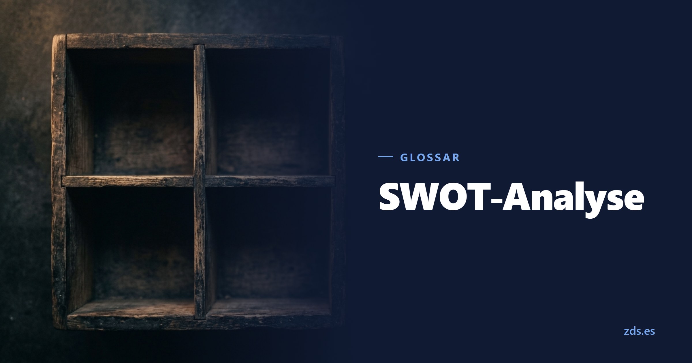 Ein Holzkasten mit vier gleich großen leeren Fächern — daneben der Titel SWOT-Analyse