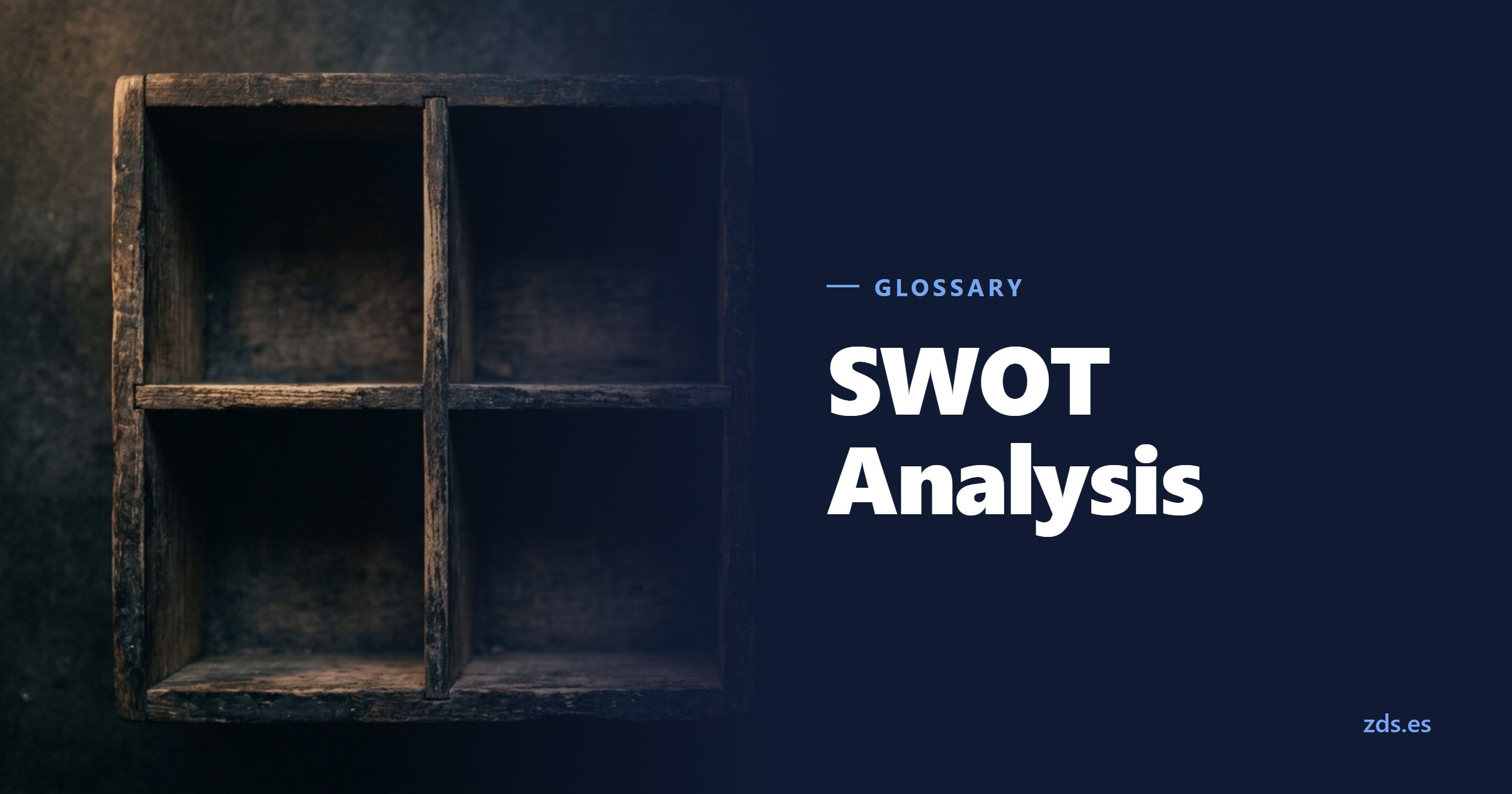 A wooden box divided into four equal empty compartments — beside the title SWOT Analysis