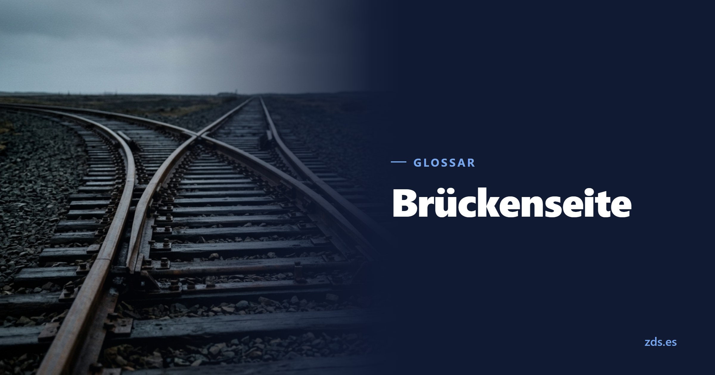 Mehrere Bahngleise, die auf Schotter in einem einzigen zusammenlaufen — daneben der Titel Brückenseite