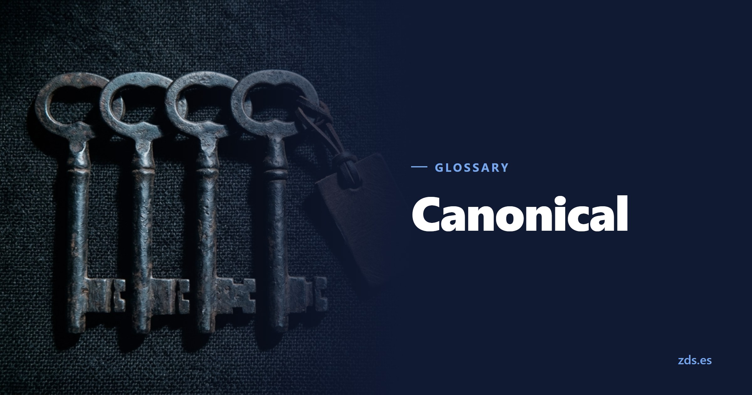 Four identical iron keys, one carrying a leather tag — beside the title Canonical