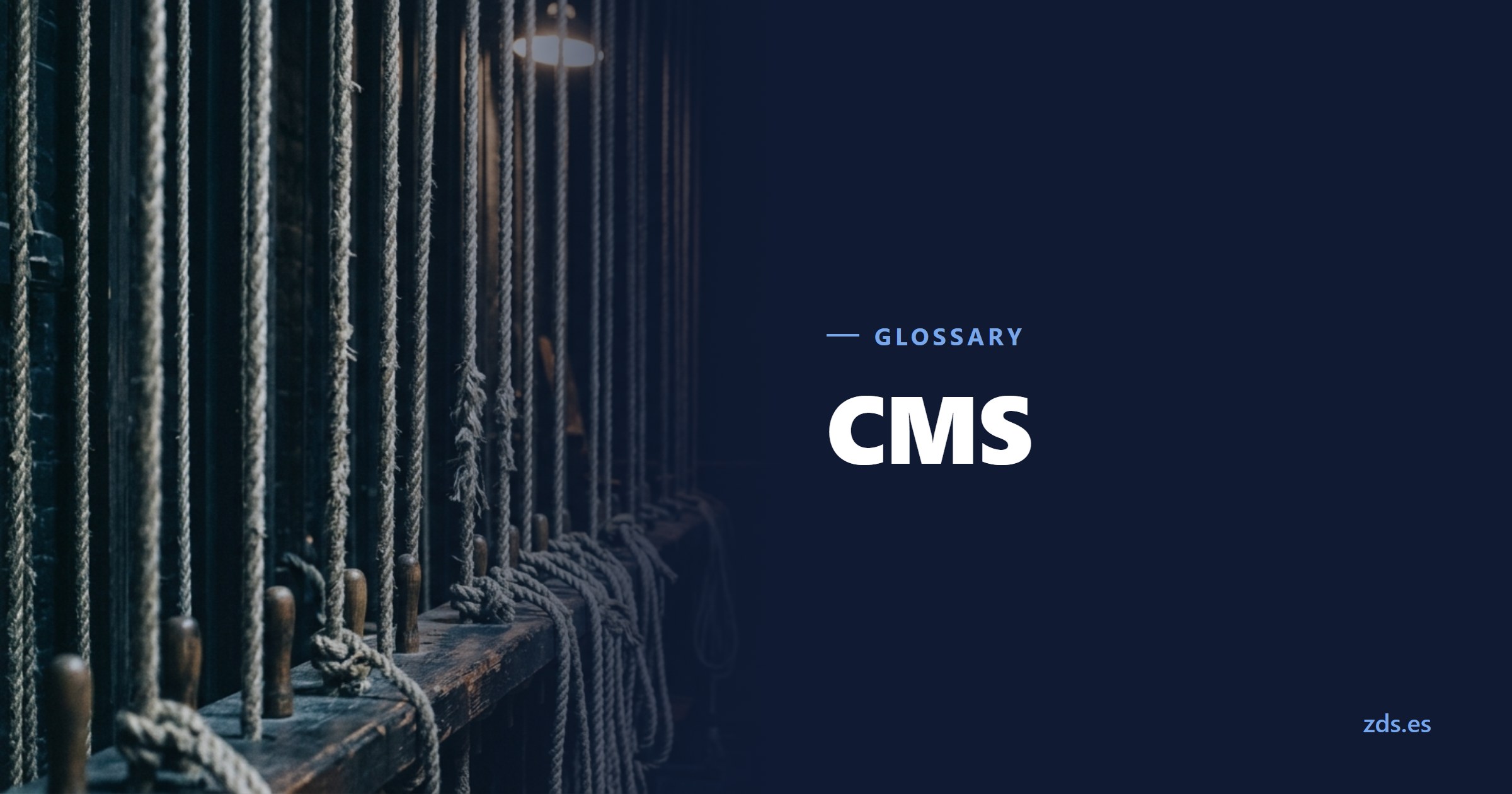The hemp ropes of a theatre fly rail running down to the pin rail — beside the title CMS