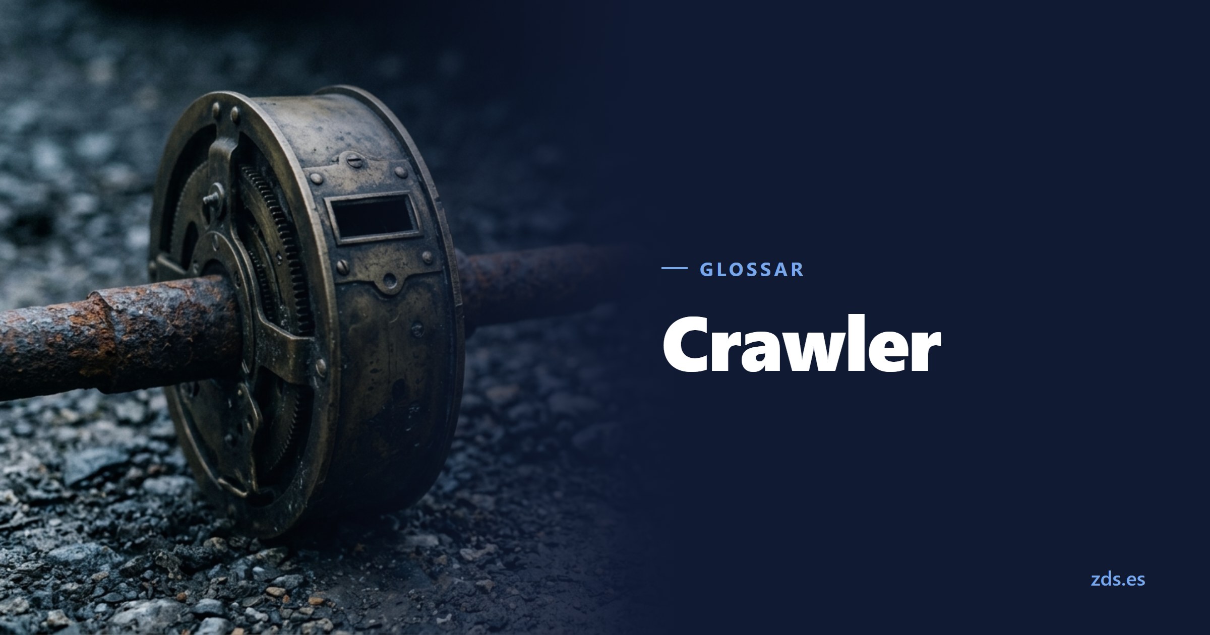 Das Rad eines Messingzählers mit leerem Sichtfenster — daneben der Titel Crawler