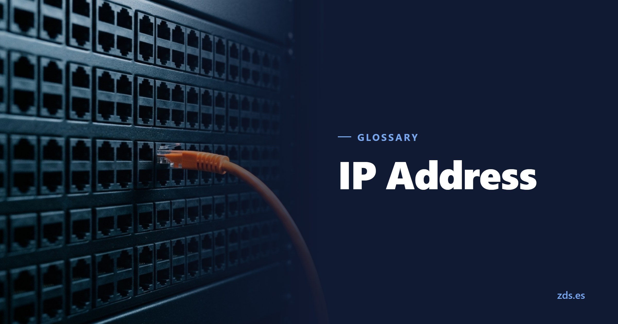 A patch panel of identical sockets with one orange cable plugged in — beside the title IP Address
