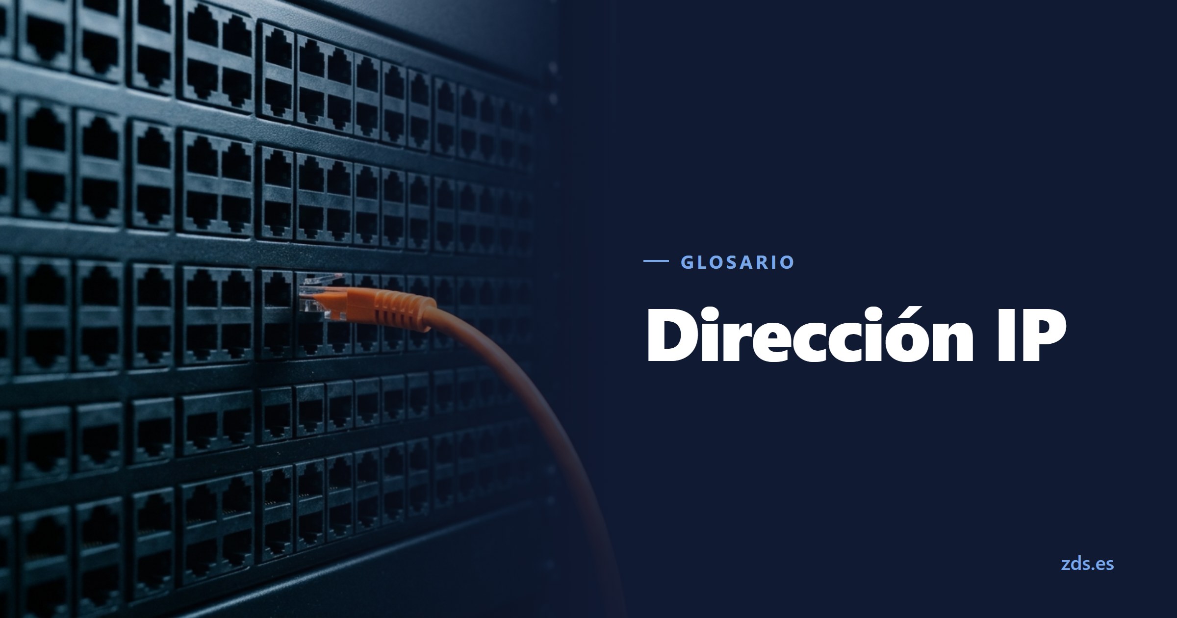 Un panel de parcheo lleno de bocas iguales, con un único cable naranja conectado, junto al título Dirección IP