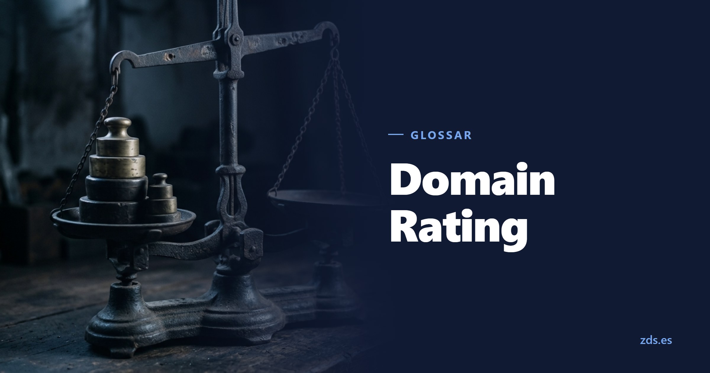Eine eiserne Balkenwaage mit gestapelten Gewichten, glatt und ohne Zahl — daneben der Titel Domain Rating