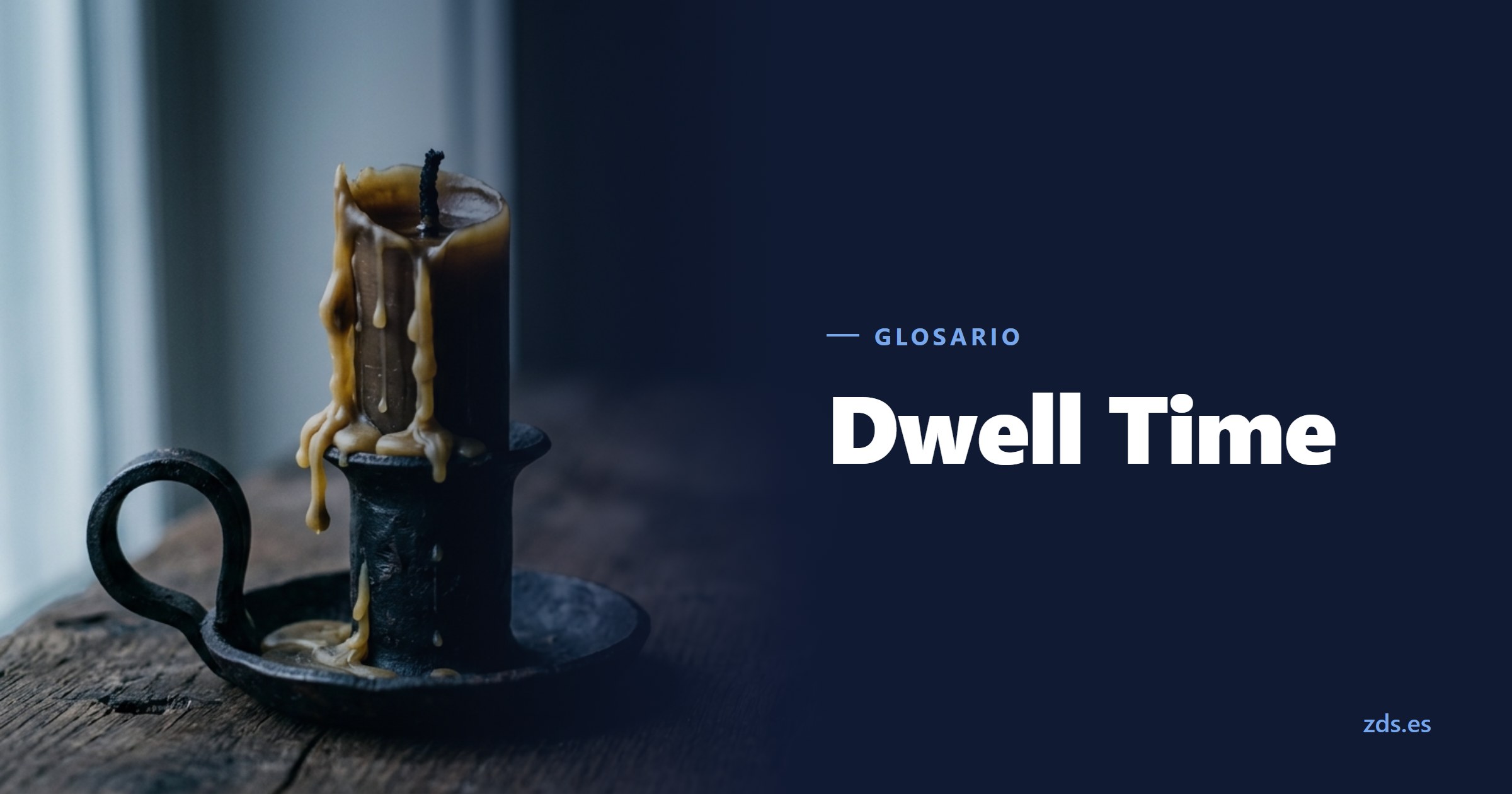 Una vela de cera quemada hasta la mitad en un candelero de hierro, junto al título Dwell Time