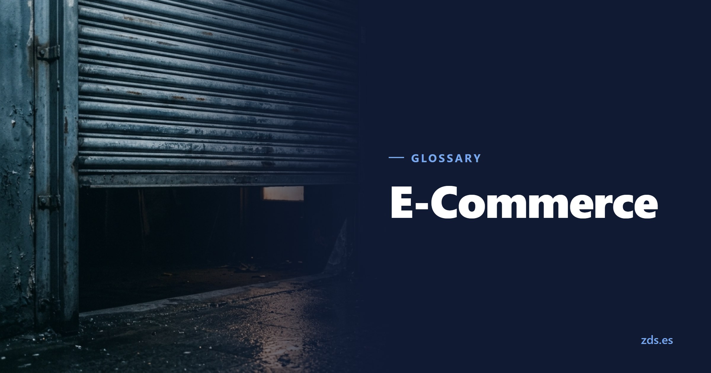 A shop roller shutter half raised, light spilling from the gap — beside the title E-Commerce