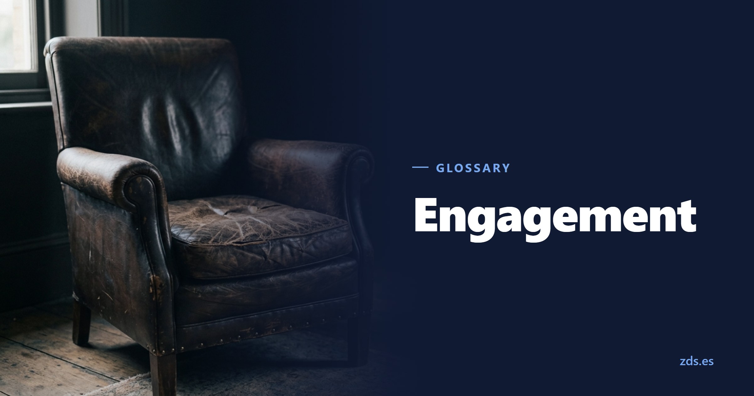 A leather armchair with its seat deeply sunken and cracked — beside the title Engagement