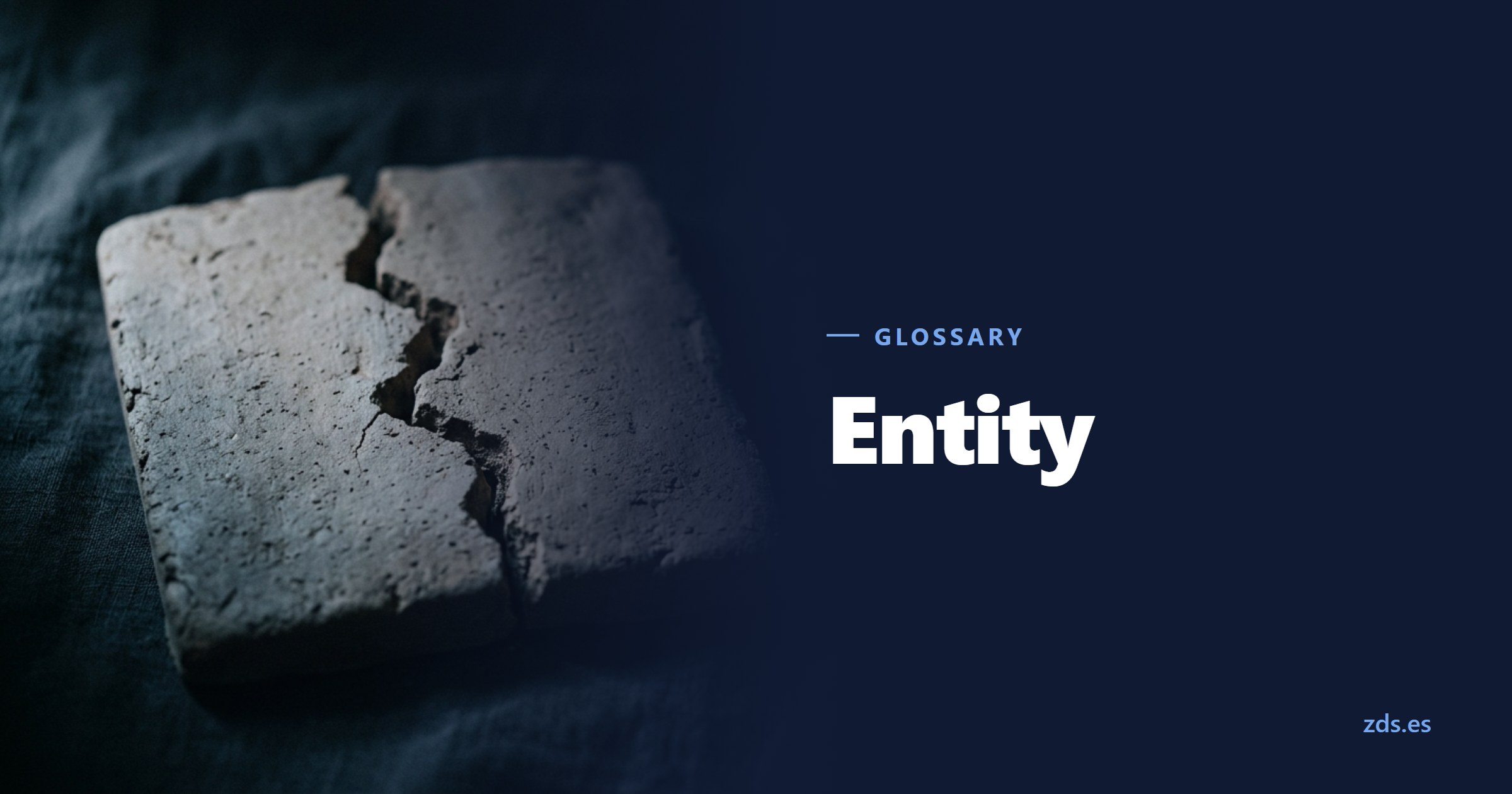 A clay tablet broken in two, its edges fitted back together — beside the title Entity
