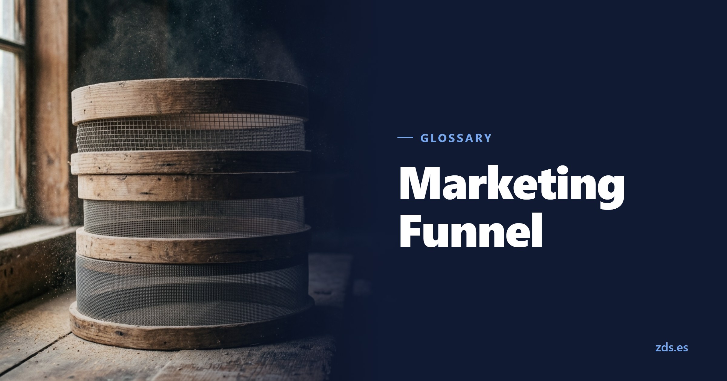 Three stacked wooden sieves, the mesh finer in each one below — beside the title Marketing Funnel