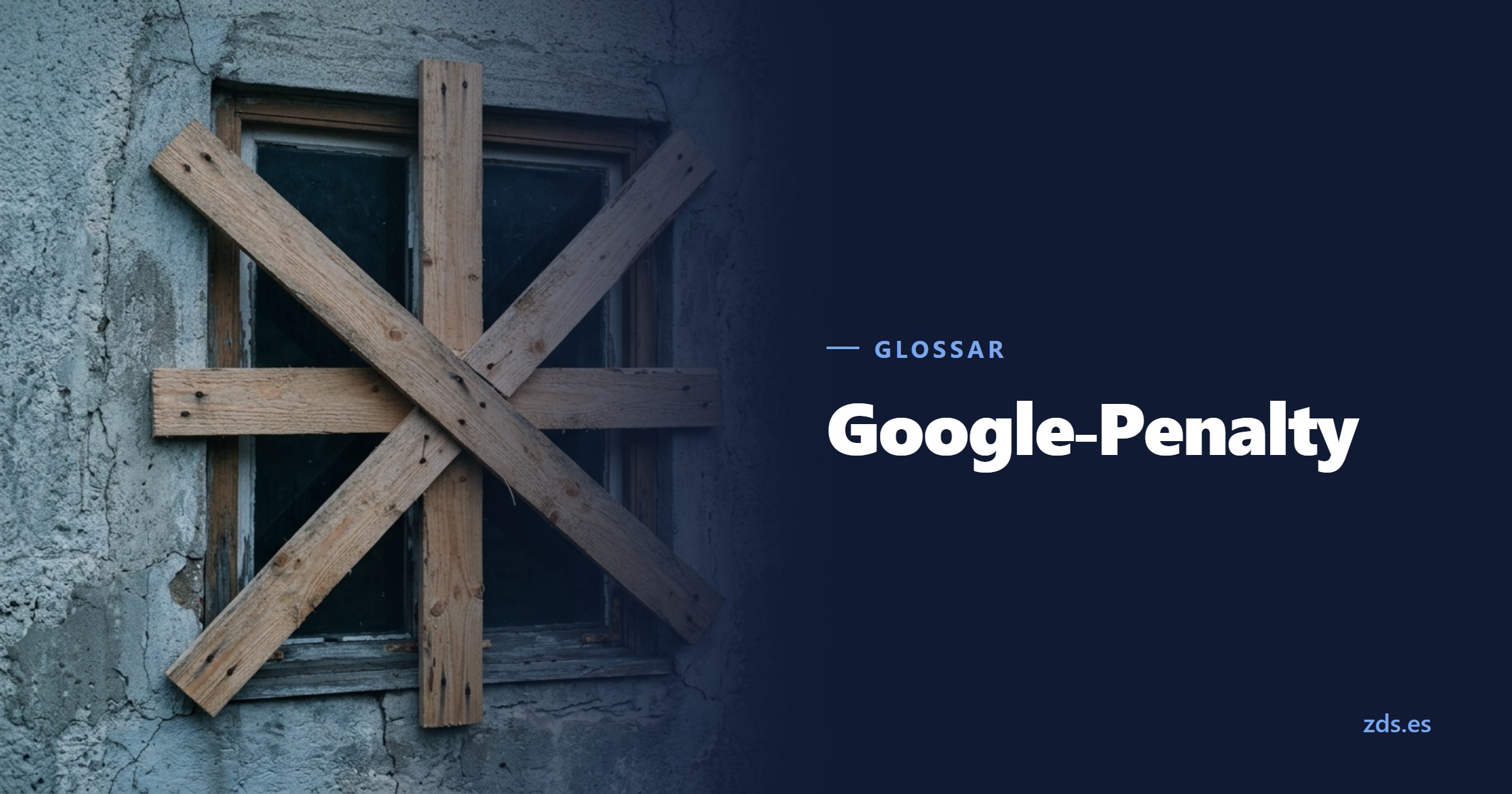 Ein Fenster, von außen mit gekreuzten Brettern zugenagelt — daneben der Titel Google-Penalty