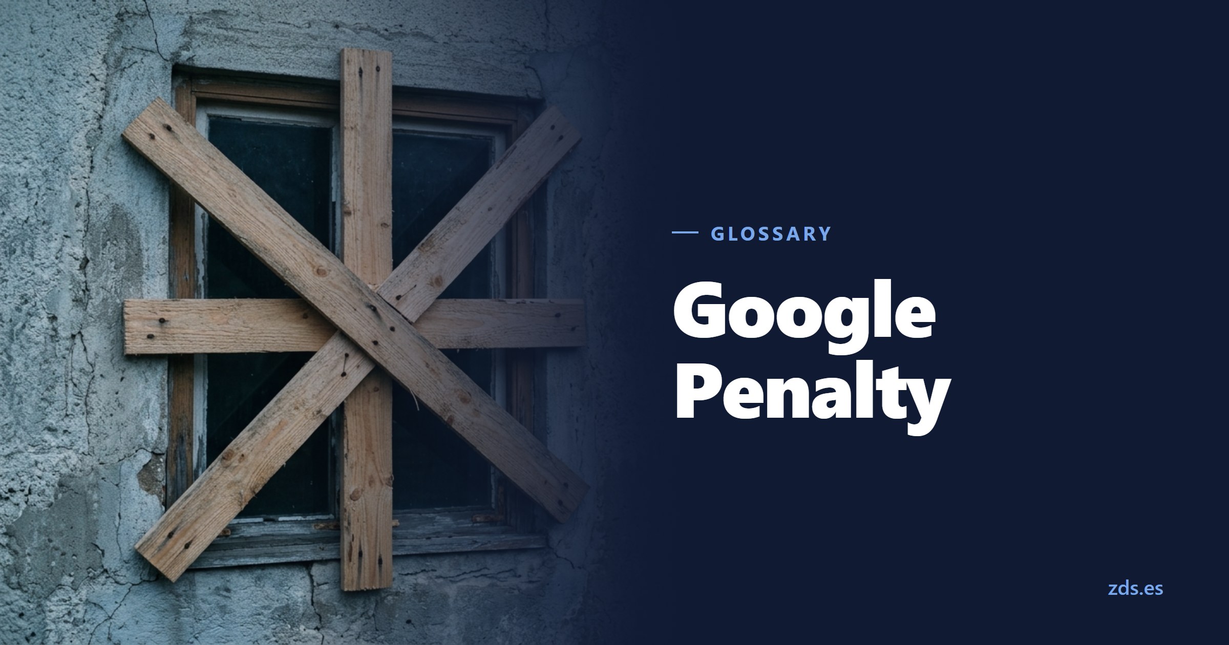A window boarded up from outside with planks nailed in a cross — beside the title Google Penalty