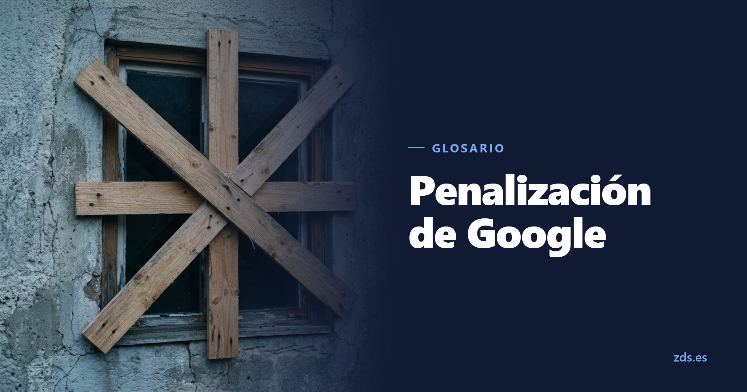 Una ventana tapiada con tablas clavadas en cruz por fuera, junto al título Penalización de Google