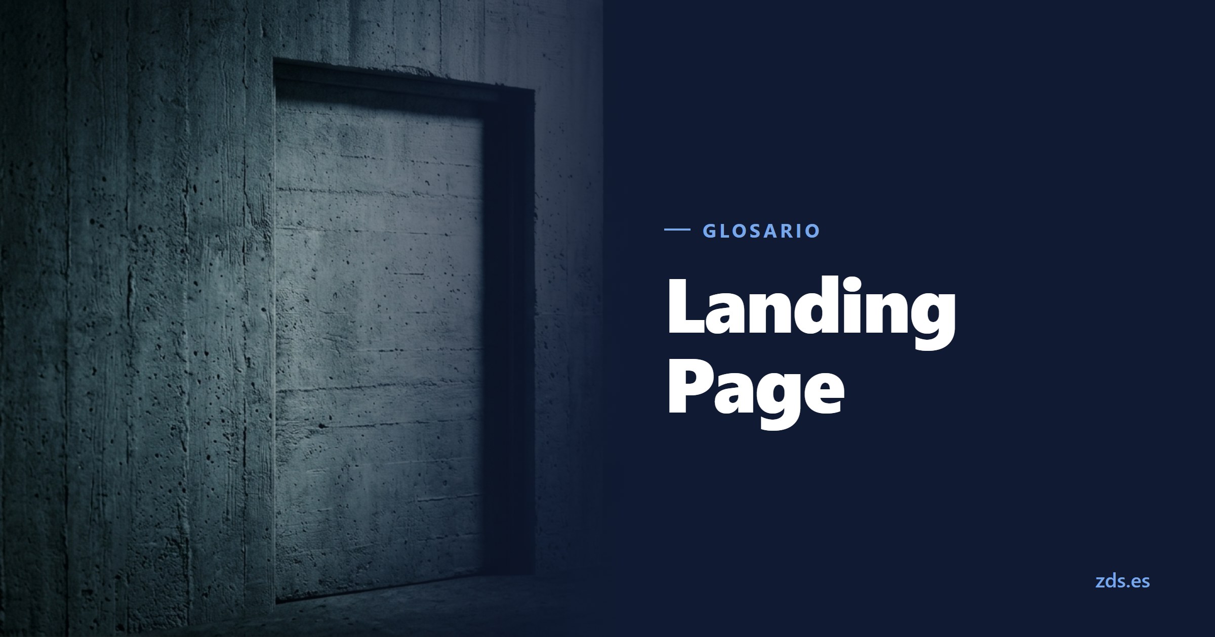 Una única puerta en una pared de hormigón desnuda, junto al título Landing Page