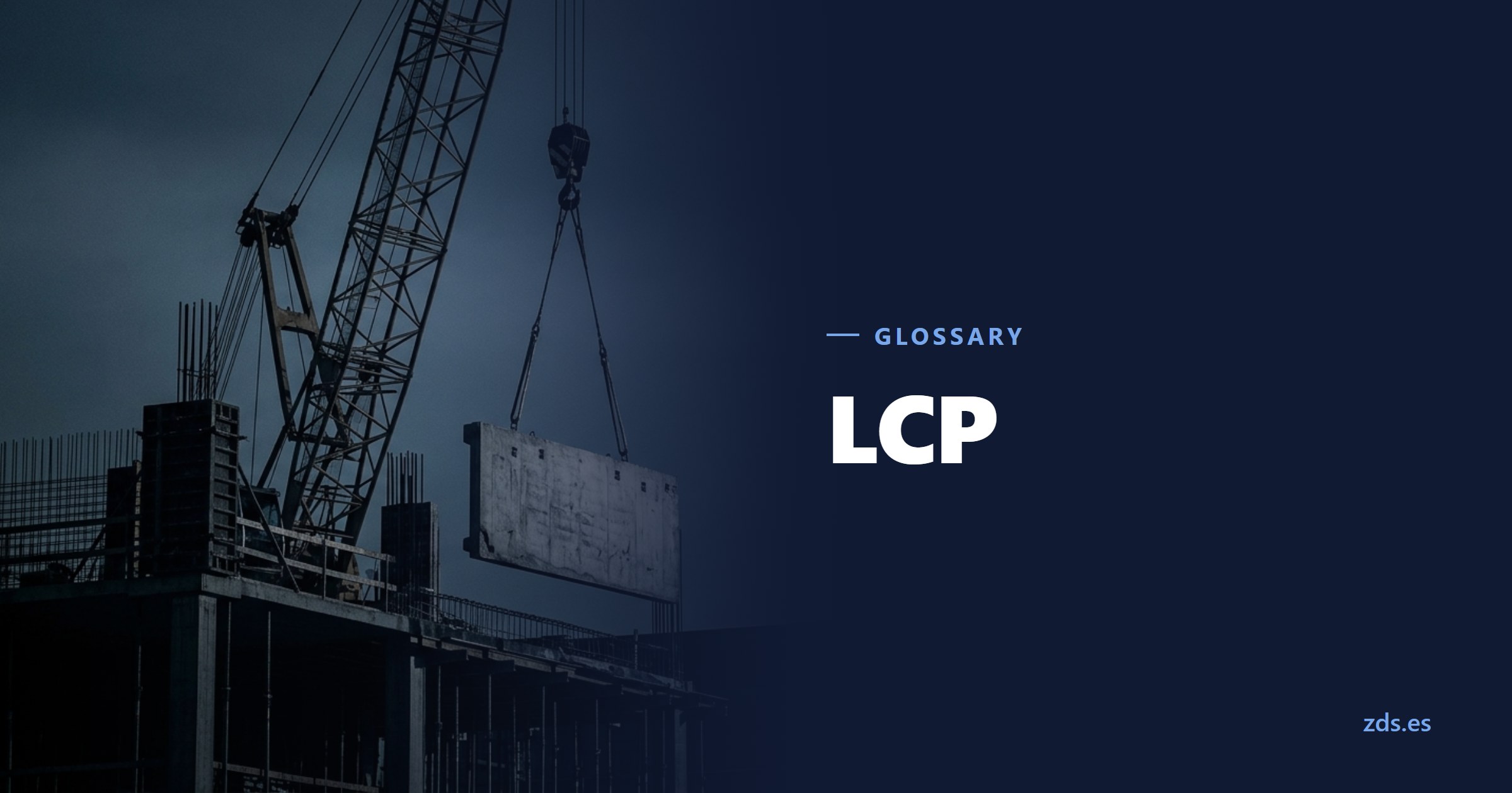 A tower crane lowering a large precast concrete panel on a building site — beside the title LCP