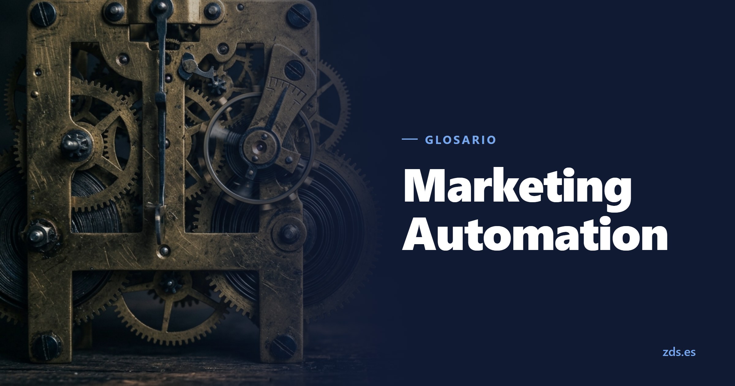 El engranaje de latón de un reloj antiguo, sin esfera ni cifras, junto al título Marketing Automation