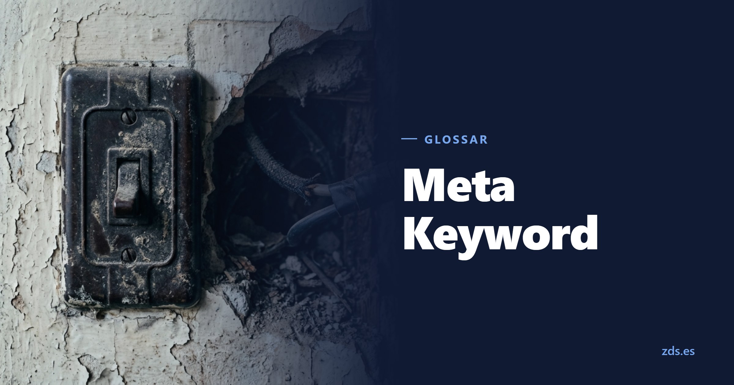 Ein alter Wandschalter, das Kabel dahinter gekappt und abgeklebt — daneben der Titel Meta Keyword