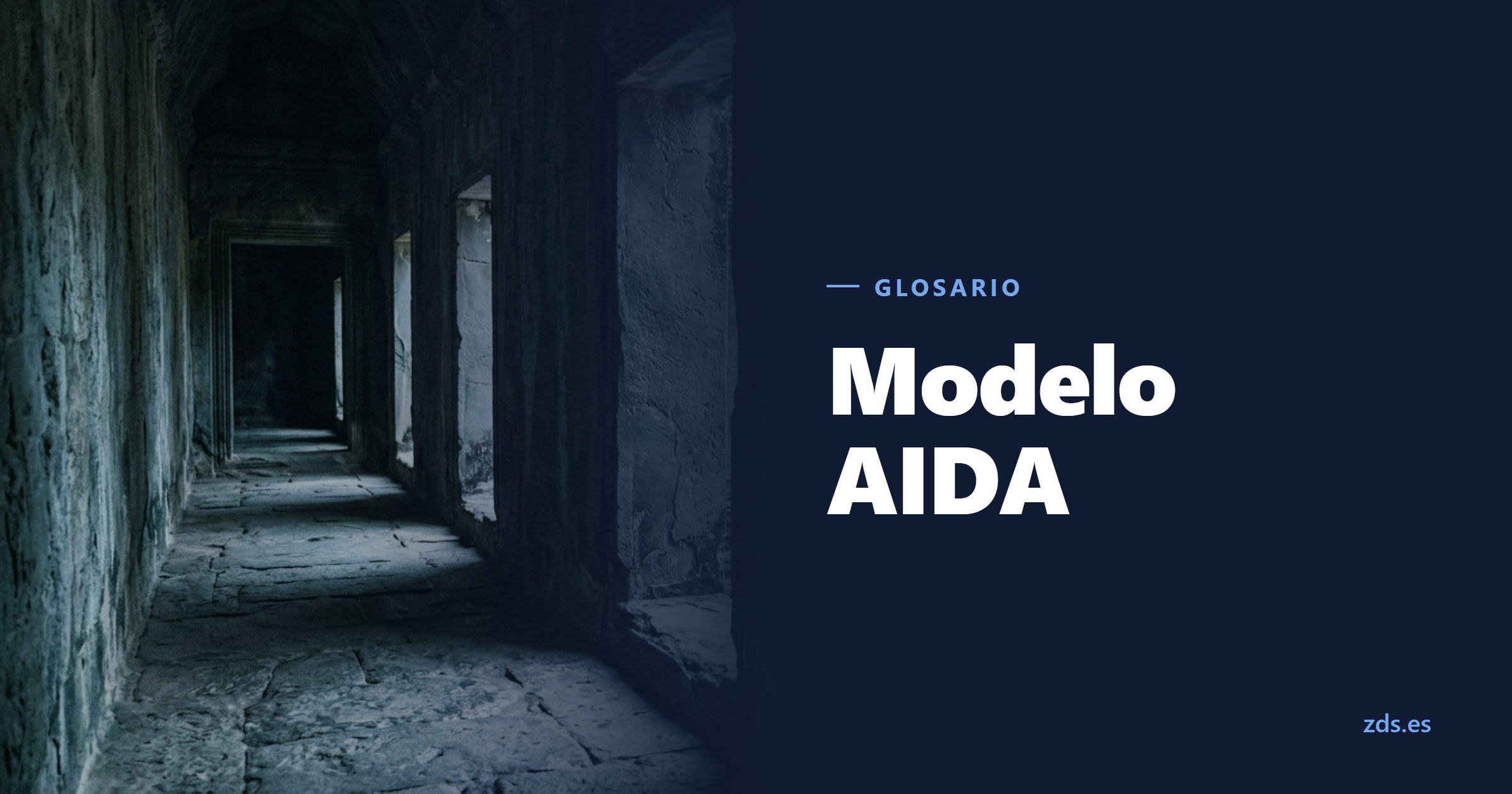 Un corredor de piedra con varios umbrales seguidos, uno detrás de otro, junto al título Modelo AIDA