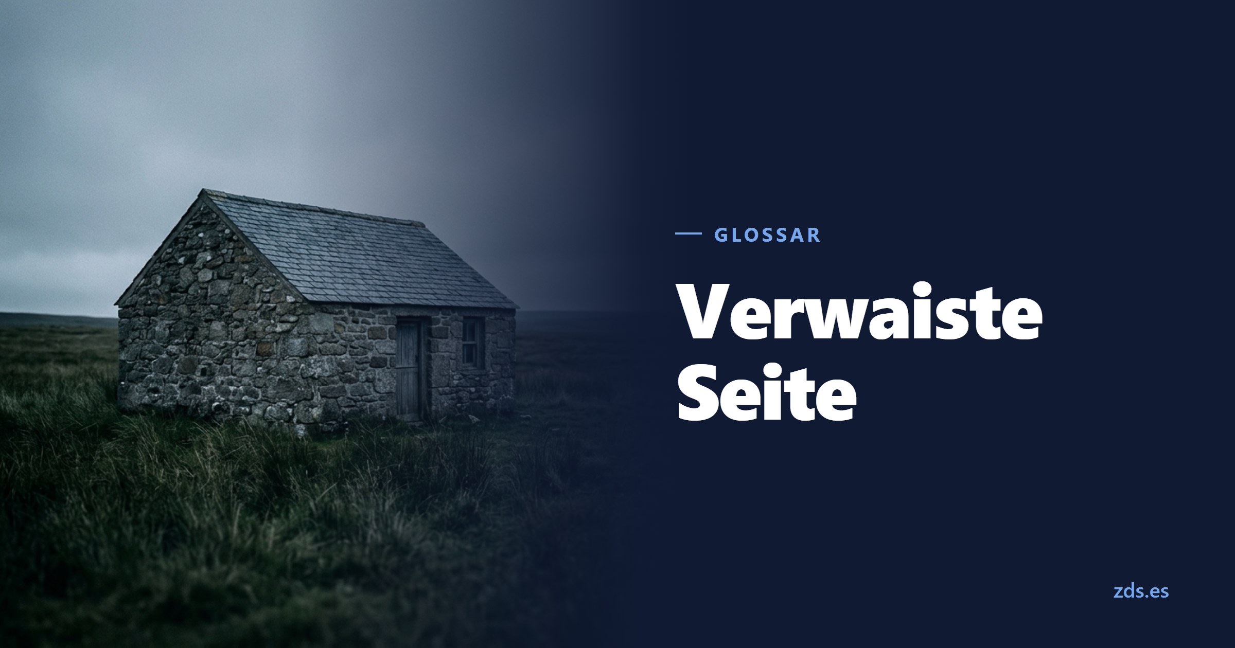 Ein einzelnes Steinhaus im Feld, ohne jeden Weg dorthin — daneben der Titel Verwaiste Seite