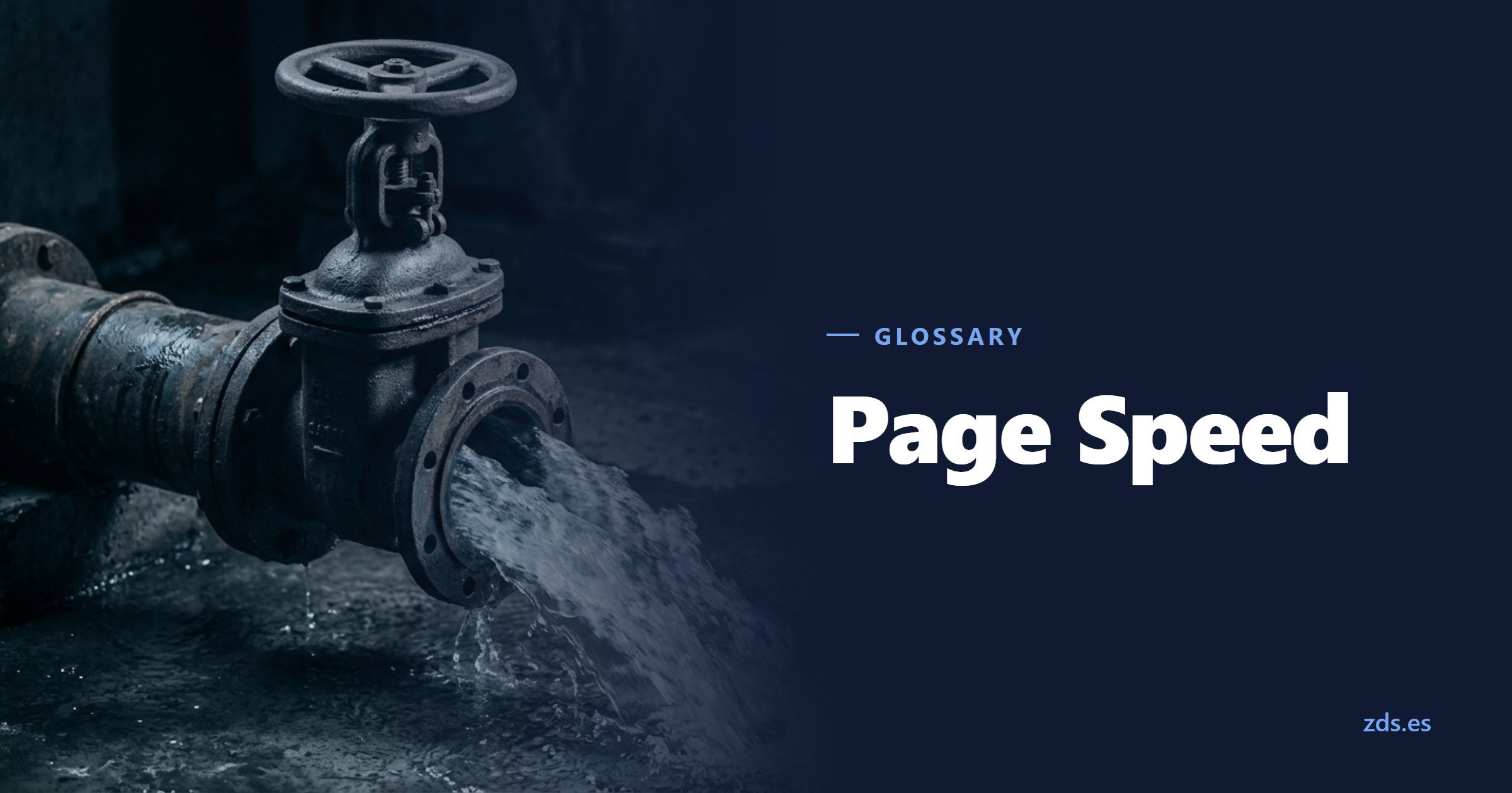 A gate valve opened wide on a thick pipe, water jetting out — beside the title Page Speed
