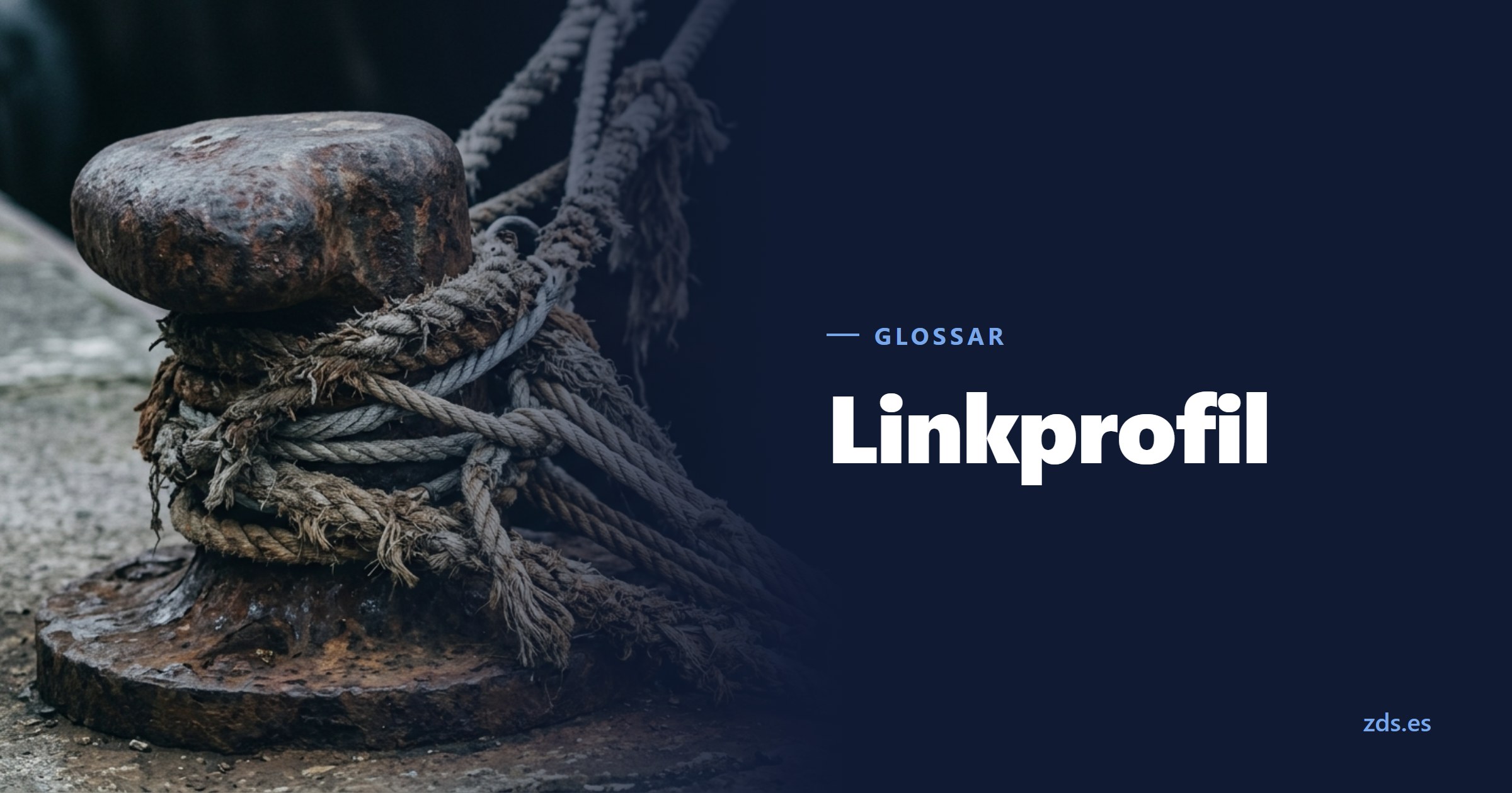 Ein rostiger Poller mit mehreren Leinen, einige davon durchgescheuert — daneben der Titel Linkprofil