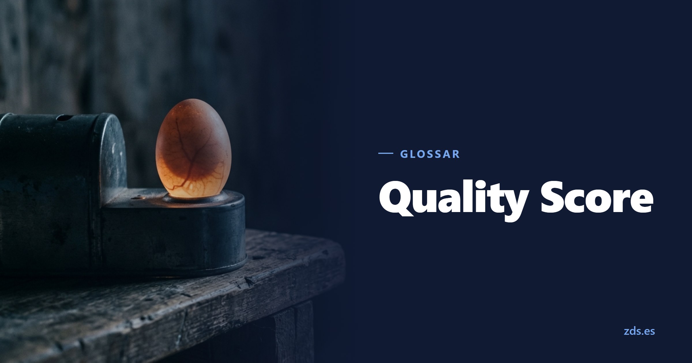 Ein Ei auf einer Schierlampe, von innen durchleuchtet — daneben der Titel Quality Score