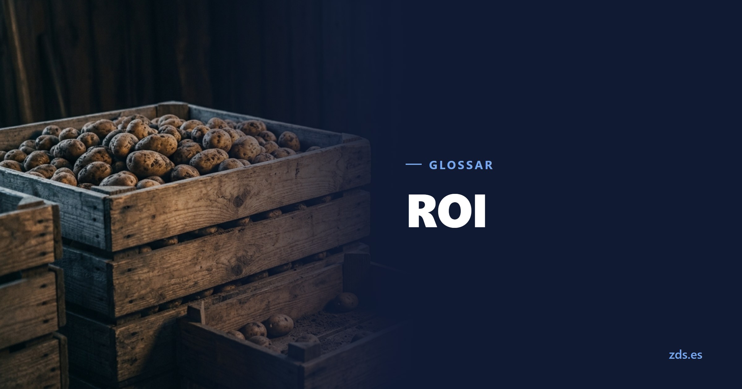 Eine große Holzkiste voller Kartoffeln, davor eine viel kleinere mit wenigen — daneben der Titel ROI