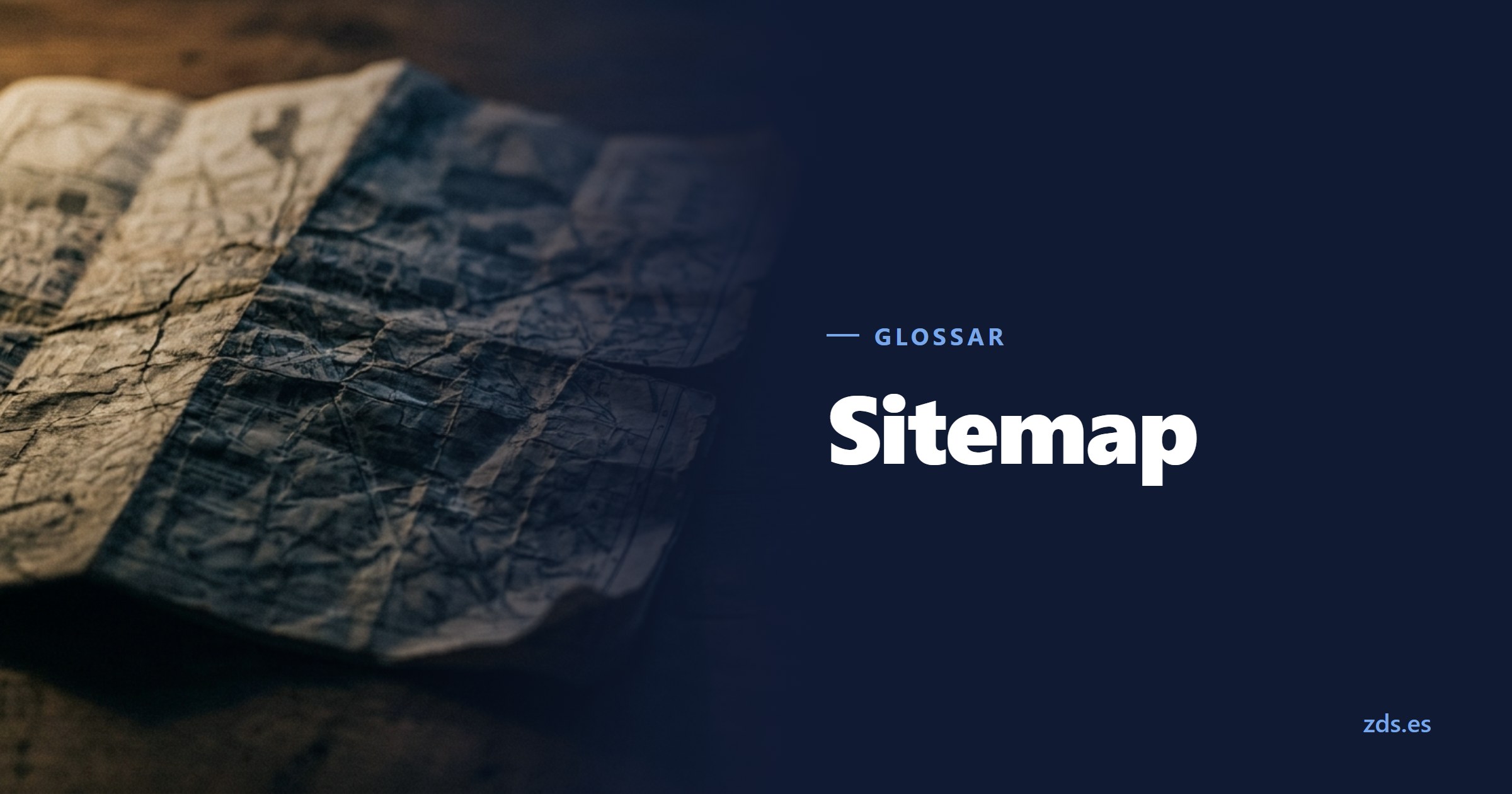 Ein gefalteter, abgegriffener Papierplan mit unlesbarer Beschriftung — daneben der Titel Sitemap