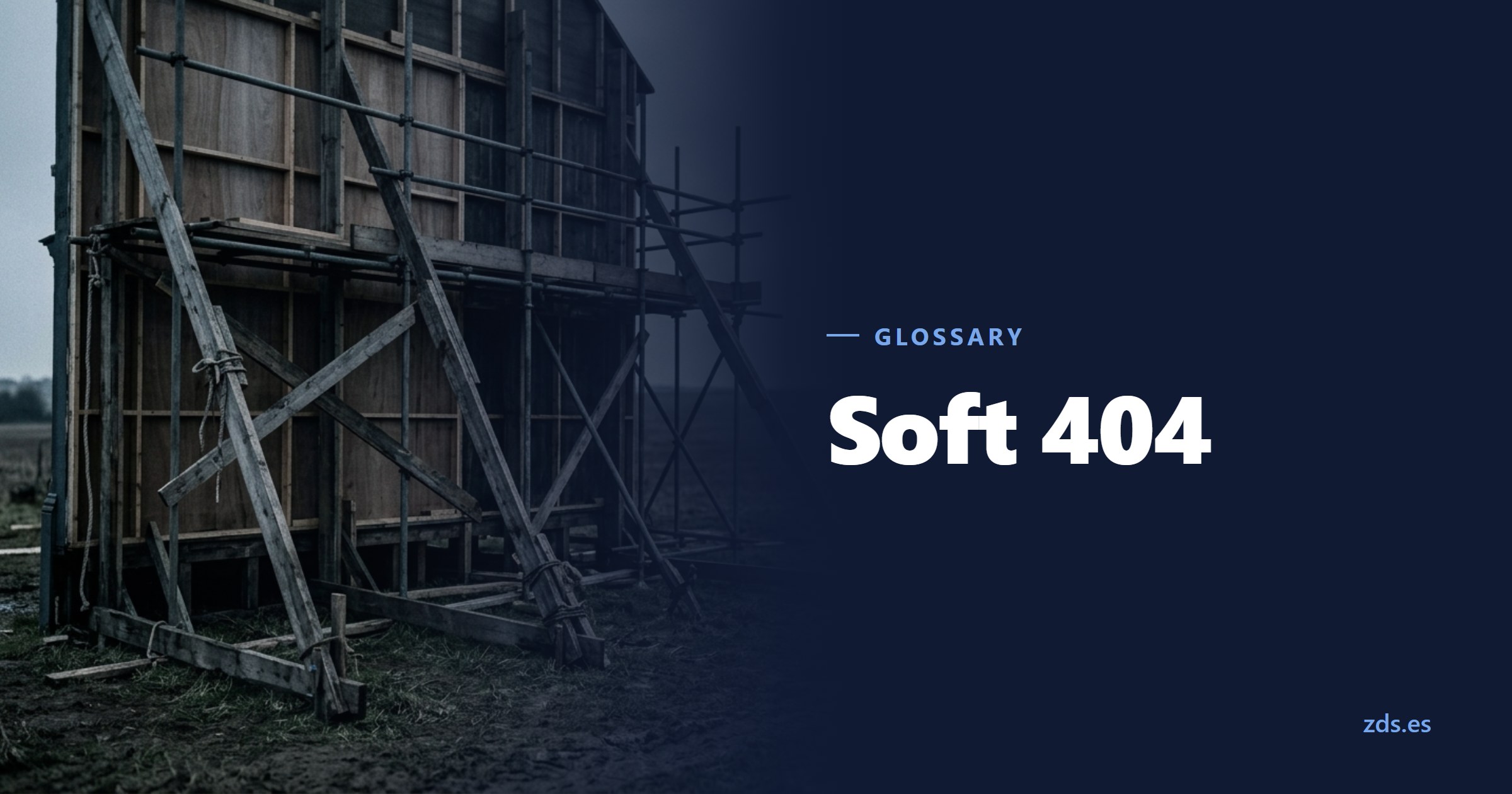 The back of a film-set facade held up by timber props — beside the title Soft 404