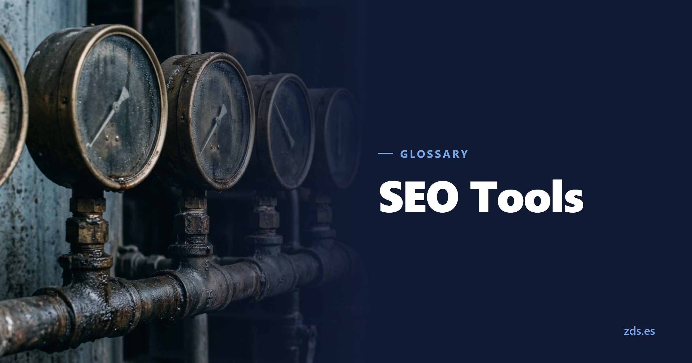 A row of brass pressure gauges on one pipe, their needles at differing positions — beside the title SEO Tools
