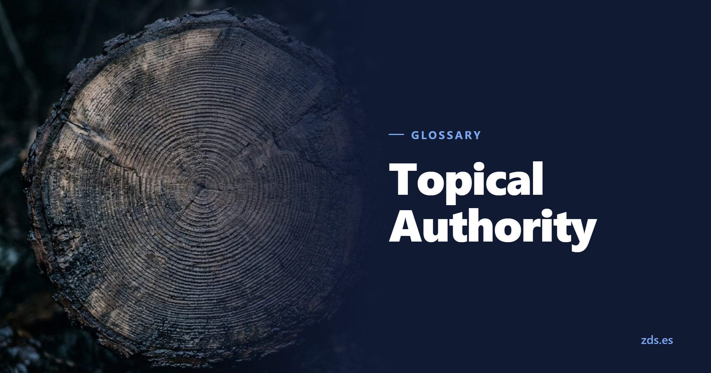 A freshly sawn tree stump seen from above, its growth rings close together — beside the title Topical Authority