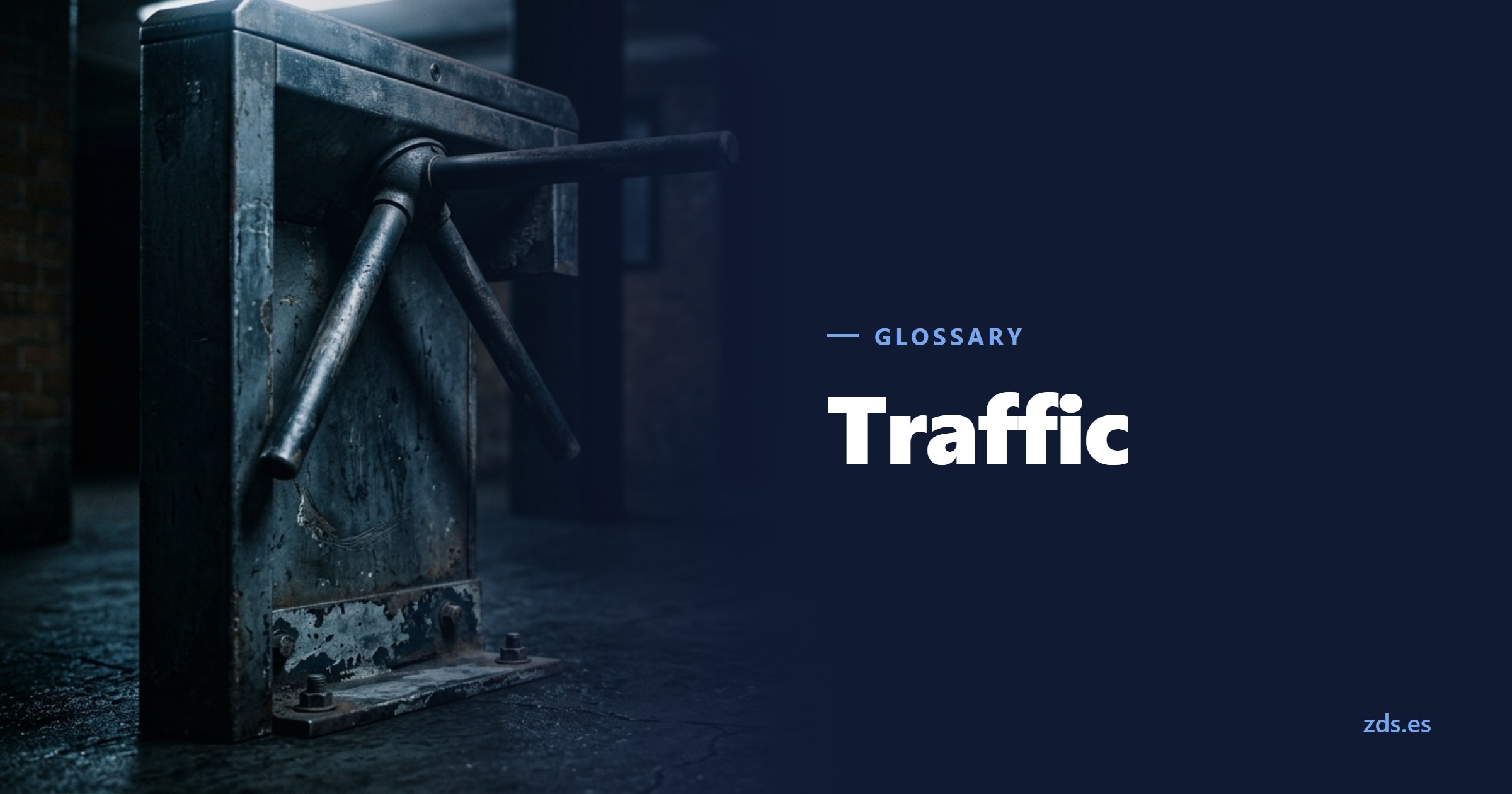 A worn metal turnstile in a dimly lit hall — beside the title Traffic