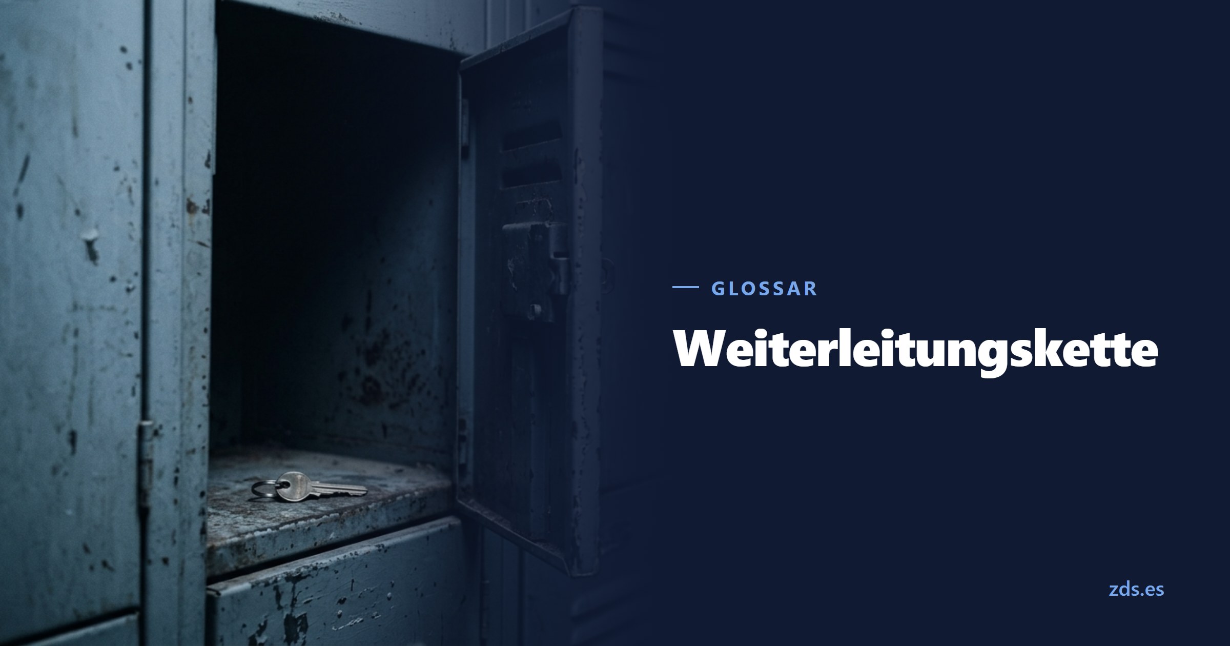 Ein offenes Metallfach mit einem einzelnen Schlüssel auf dem leeren Boden — daneben der Titel Weiterleitungskette