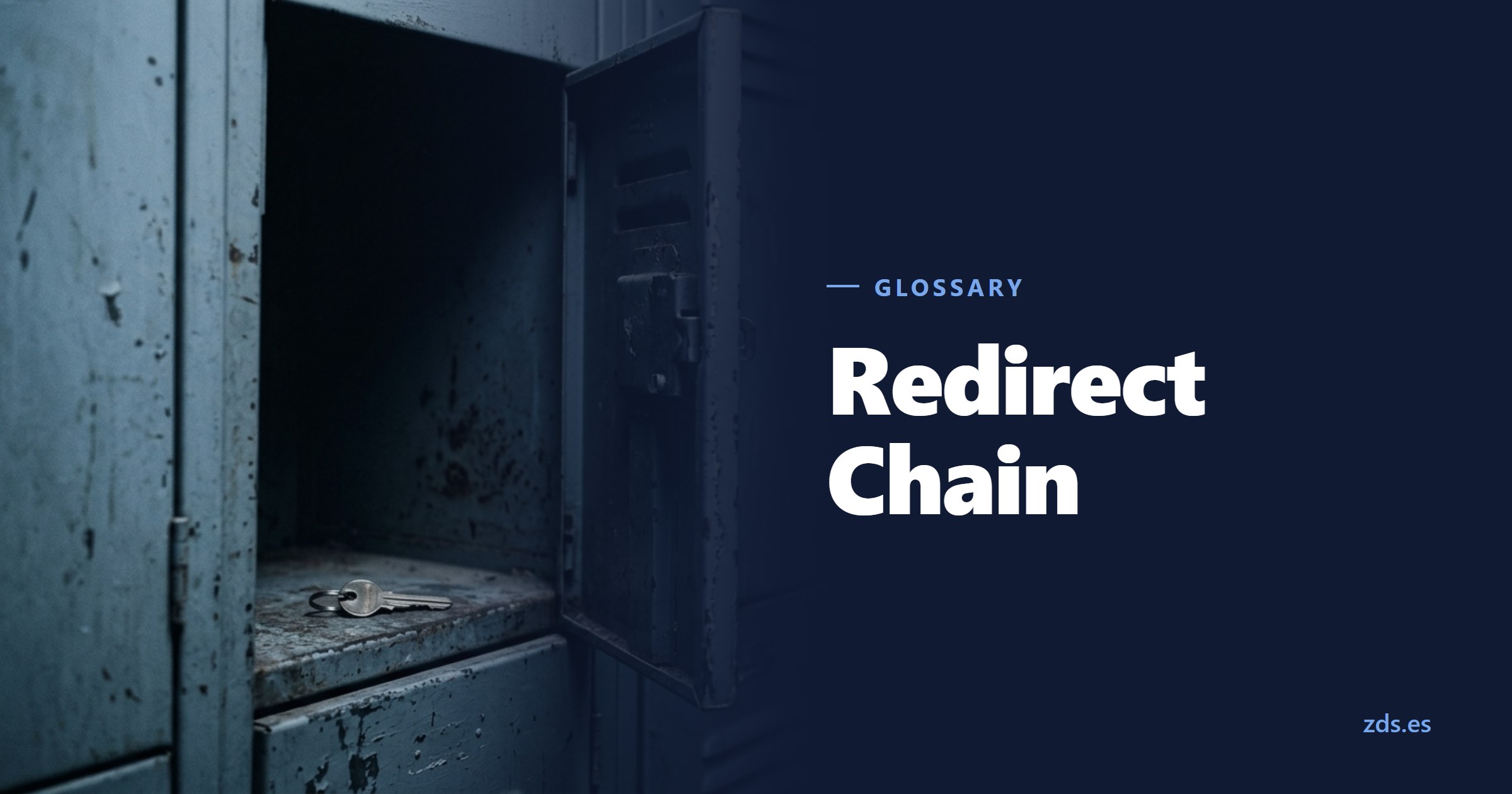 An open metal locker with a single key lying on the empty shelf — beside the title Redirect Chain