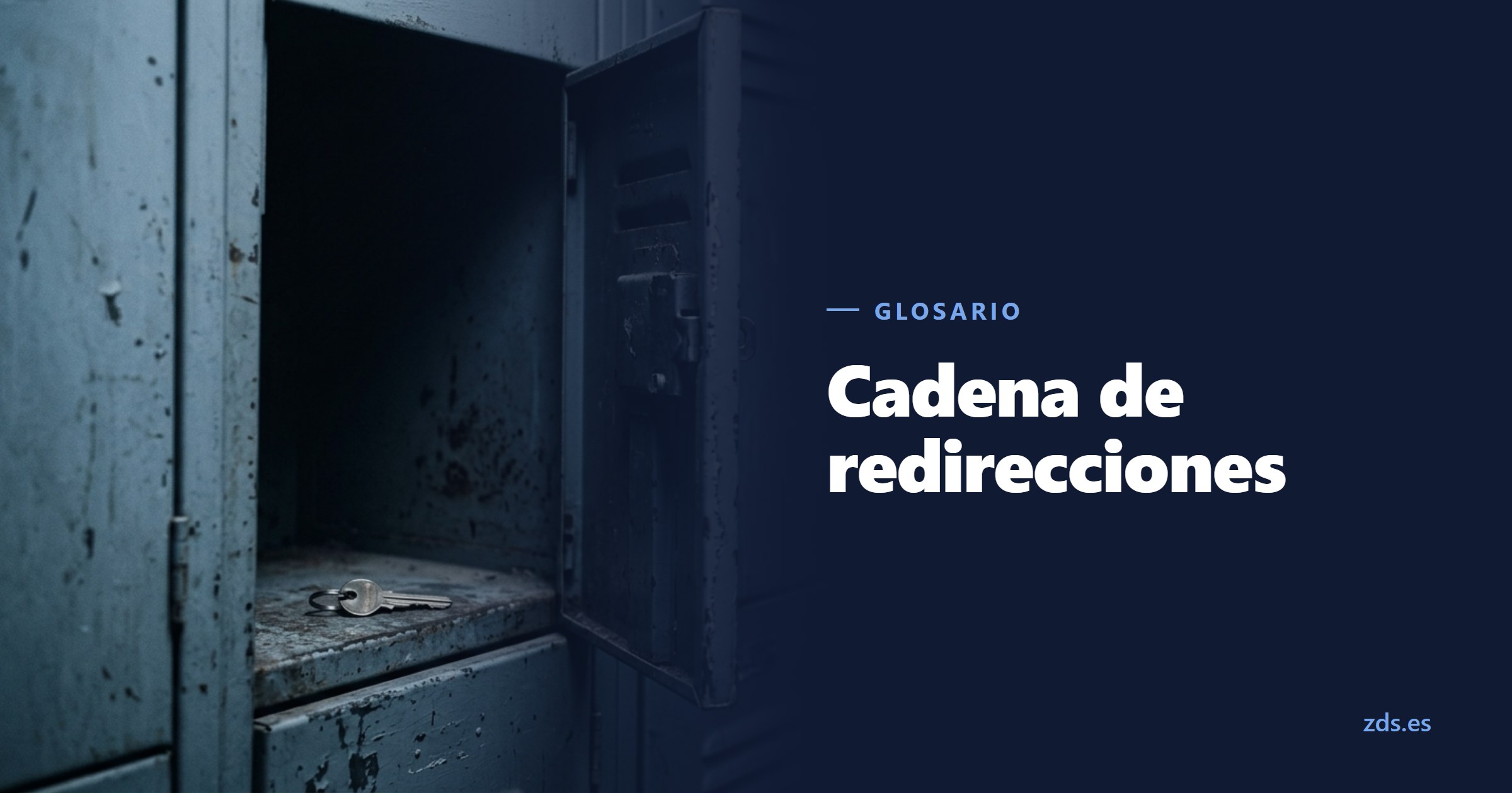Un casillero metálico abierto con una sola llave dentro, sobre el estante vacío, junto al título Cadena de redirecciones