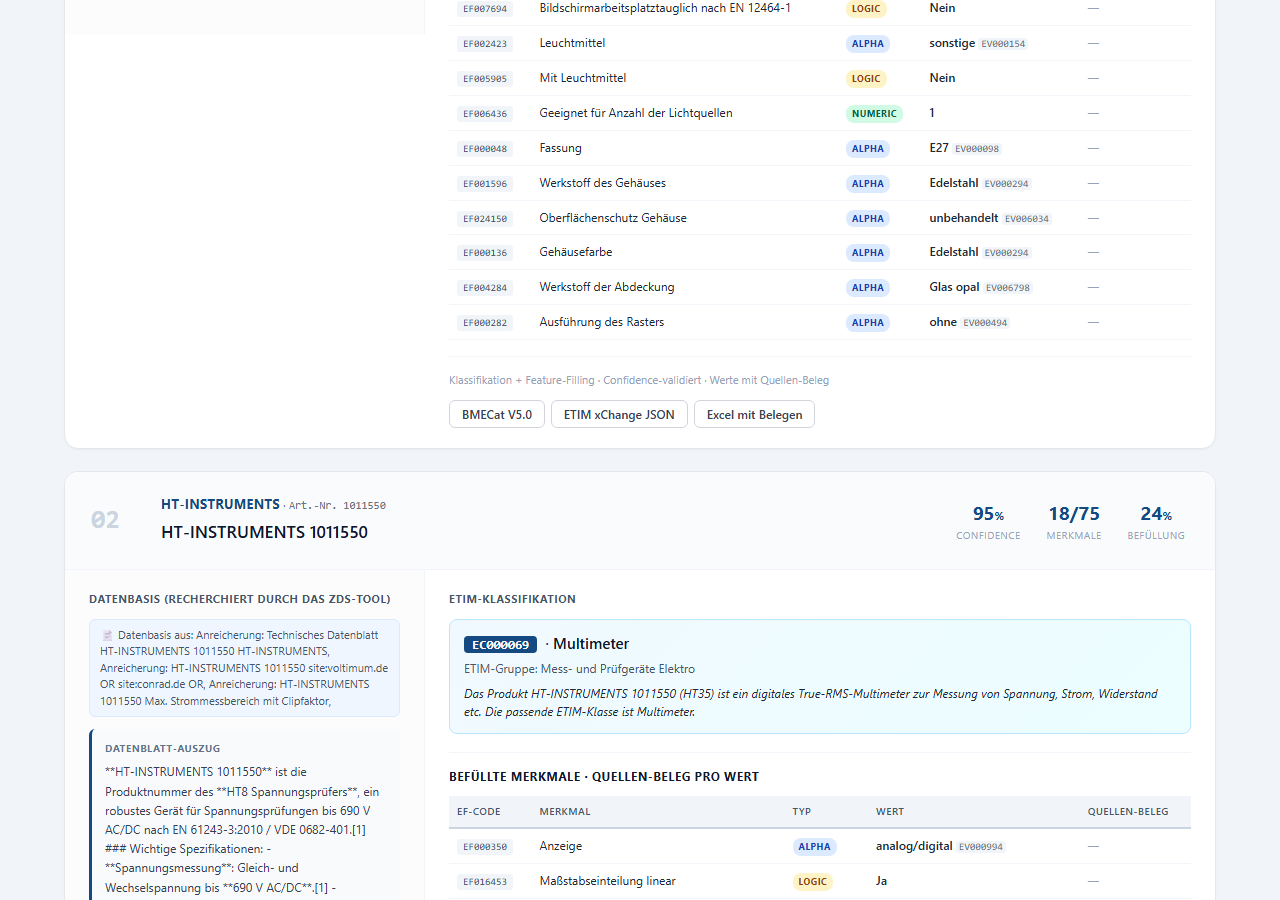 Ejemplo: cámara de vigilancia INDEXA con datasheet del fabricante como base de datos