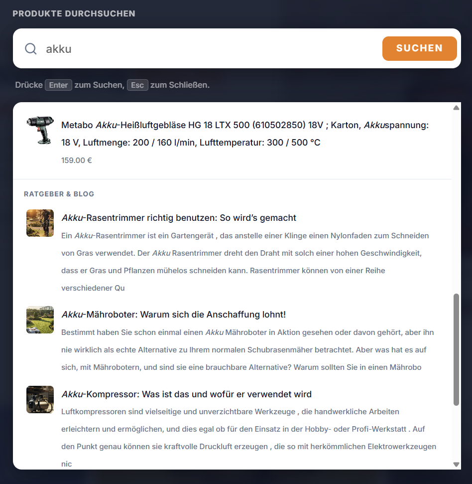 Captura del buscador de Werkking: misma búsqueda, ahora con sección Ratgeber/Blog